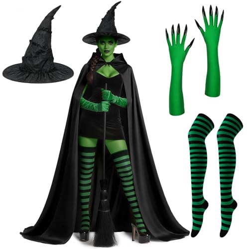 Behufun Hexenkostüm Damen Zubehör, Hexe Halloween Cosplay mit langem Kapuzenumhang, Hexenhut, grüne Krallenhandschuhe, schwarz, grün, Einheitsgröße von Behufun