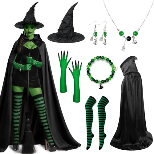 Behufun Hexenkostüm Damen Zubehör, Hexe Halloween Cosplay mit langem Kapuzenumhang, Hexenhut, grüne Krallenhandschuhe, schwarz, grün, Einheitsgröße von Behufun