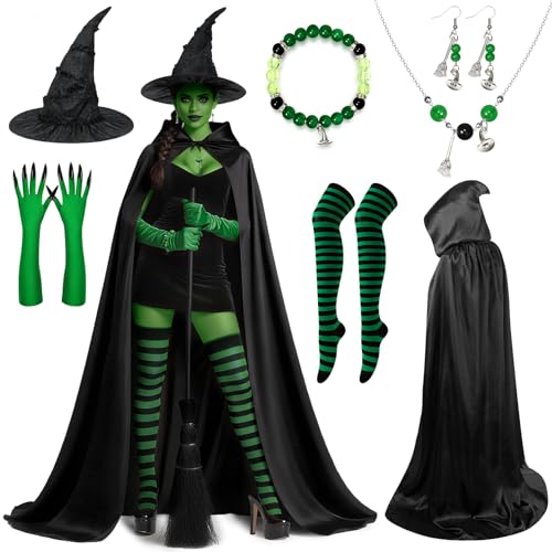 Behufun Hexenkostüm Damen Zubehör, Hexe Halloween Cosplay mit langem Kapuzenumhang, Hexenhut, grüne Krallenhandschuhe, schwarz, grün, Einheitsgröße von Behufun