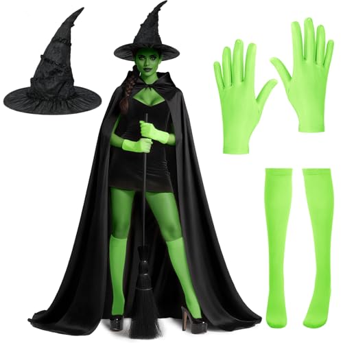 Behufun Hexenkostüm Damen Zubehör, Hexe Halloween Cosplay mit langem Kapuzenumhang, Hexenhut, grüne Krallenhandschuhe, schwarz, grün, Einheitsgröße von Behufun