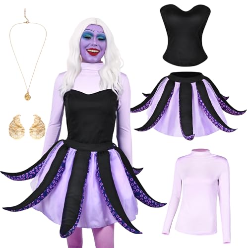 Behufun Ursula-Kostüm für Damen, 5-teilig, Halloween-Kostüm, Erwachsenenkostüm, Meereshexe, lila Oktopus-Kostüm, Lila, Schwarz, Schwarz, Lila, Gold, X-Large Behufun Ursula-Kostüm für Damen, 5-teilig, Halloween-Kostüm, Erwachsenenkostüm, Meereshexe, lila Oktopus-Kostüm, Lila, Schwarz, Schwarz, Lila, Gold, X-Large von Behufun