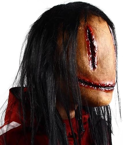 BeiLuo Halloween Horror Maske mit genähtem Mund Design Schwarze Haare Rote Details Halloween Horror Maske Premium Gruselige Maske Coole Monster Maske Halloween Kostüm Cosplay Terror Prop von BeiLuo