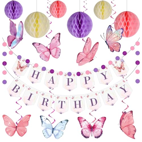 Geburtstagsdeko, Geburtstagsdeko mädchen, Lila Happy Birthday Banner mit Wabenball, Schmetterlinge Hängende Wirbel Streamer, Kreis Punkt Girlande Dekoration, Party Deko für Frauen Mädchen von Beibeijia