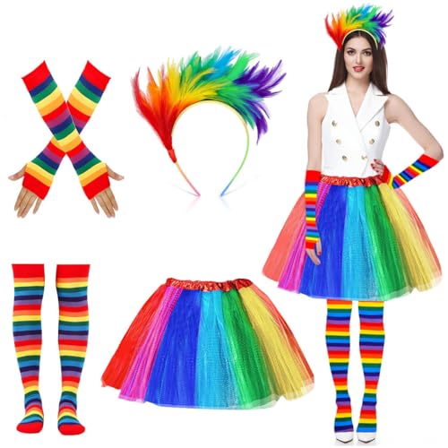 Karneval Regenbogen Kostüm Damen, 4er Regenbogen Kostüm, Karneval Kostüm Damen, Regenbogen Tüllrock Damen, mit Feder Haarreif Regenbogen Kniestrümpfe Fingerlose Handschuhe, für Karneval Party Karneval Regenbogen Kostüm Damen, 4er Regenbogen Kostüm, Karneval Kostüm Damen, Regenbogen Tüllrock Damen, mit Feder Haarreif Regenbogen Kniestrümpfe Fingerlose Handschuhe, für Karneval Party von Beibeijia