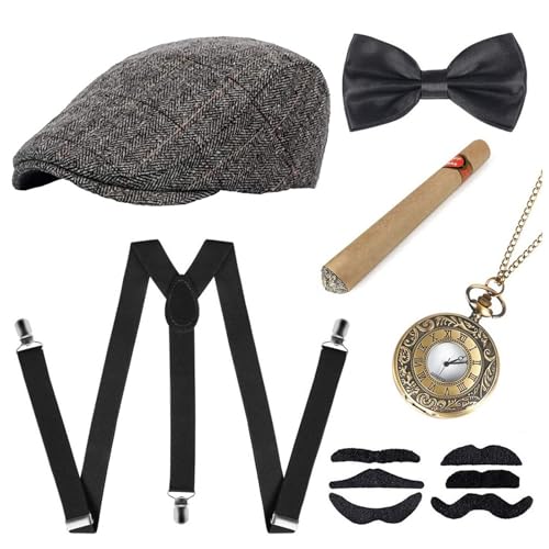 20er Jahre Kostüm Herren, Mafia Kostüm Accessoires Herren, Gangster Kostüm Herren, Peaky Blinders Kostüm mit Hut Verstellbar Hosenträger Taschenuhr Fliege Krawatten Bärte für Karneval Partys 20er Jahre Kostüm Herren, Mafia Kostüm Accessoires Herren, Gangster Kostüm Herren, Peaky Blinders Kostüm mit Hut Verstellbar Hosenträger Taschenuhr Fliege Krawatten Bärte für Karneval Partys von Beichwtd