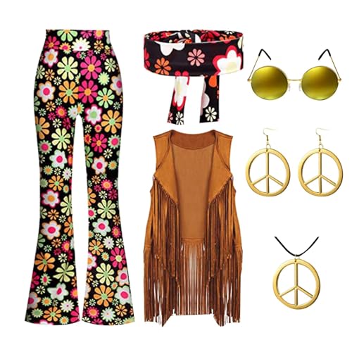 60er 70er Jahre Hippie Kostüm Damen Set, mit Fransenweste Schlaghose, Flower Power Kleidung, Karnevalskostüm, 70er Hippie Accessoires Hippie Kleidung Damen Disco Outfit Faschingskostüme Mädchen (S-XXL 60er 70er Jahre Hippie Kostüm Damen Set, mit Fransenweste Schlaghose, Flower Power Kleidung, Karnevalskostüm, 70er Hippie Accessoires Hippie Kleidung Damen Disco Outfit Faschingskostüme Mädchen (S-XXL von Beichwtd