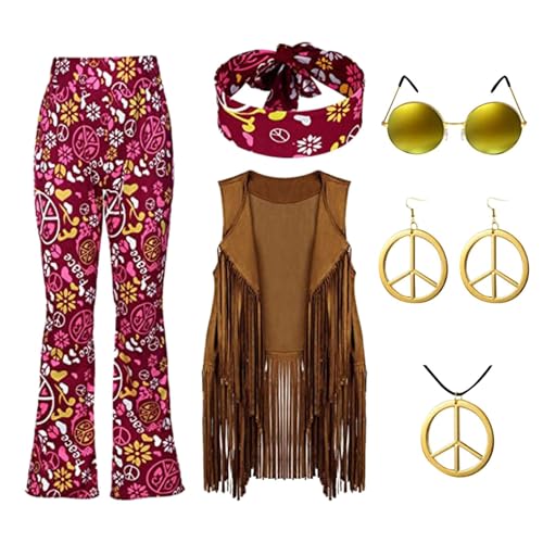 60er 70er Jahre Hippie Kostüm Damen Set, mit Fransenweste Schlaghose, Flower Power Kleidung, Karnevalskostüm, 70er Hippie Accessoires Hippie Kleidung Damen Disco Outfit Faschingskostüme Mädchen (S-XXL 60er 70er Jahre Hippie Kostüm Damen Set, mit Fransenweste Schlaghose, Flower Power Kleidung, Karnevalskostüm, 70er Hippie Accessoires Hippie Kleidung Damen Disco Outfit Faschingskostüme Mädchen (S-XXL von Beichwtd
