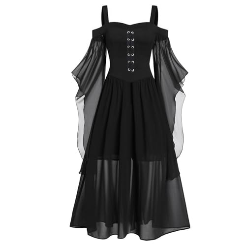 Halloween Kostüm Damen Gothic Kleid Kurz｜Mittelalter Gebundene Taille Hexenkostüm｜Vampir Renaissance Trompetenärmel Korsett｜Erwachsene Karneval Steampunk Barock｜Schwarz Plus Size​, Schwarz 5XL von Beichwtd