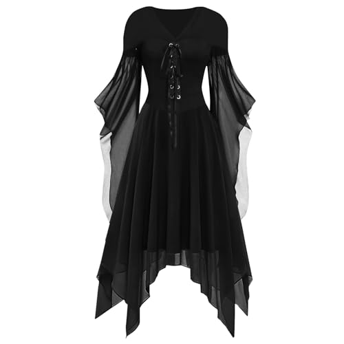 Halloween Kostüm Damen Gothic Kleid Kurz｜Mittelalter Gebundene Taille Hexenkostüm｜Vampir Renaissance Trompetenärmel Korsett｜Erwachsene Karneval Steampunk Barock｜Schwarz Plus Size​, Schwarz XL von Beichwtd