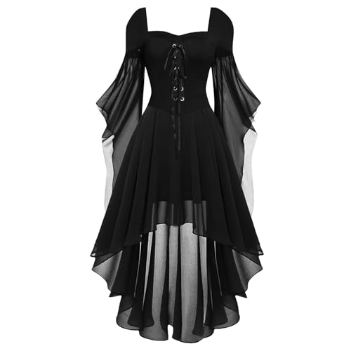 Halloween Kostüm Damen Gothic Kleid Kurz｜Mittelalter Gebundene Taille Hexenkostüm｜Vampir Renaissance Trompetenärmel Korsett｜Erwachsene Karneval Steampunk Barock｜Schwarz Plus Size​, Schwarz XXL von Beichwtd