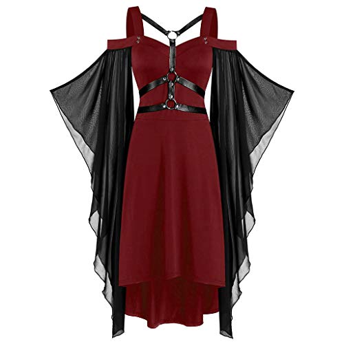 Halloween Kostüm Damen Gothic Kleid Kurz｜Mittelalter Gebundene Taille Hexenkostüm｜Vampir Renaissance Trompetenärmel Korsett｜Erwachsene Karneval Steampunk Barock｜Schwarz Plus Size​, Wein L von Beichwtd