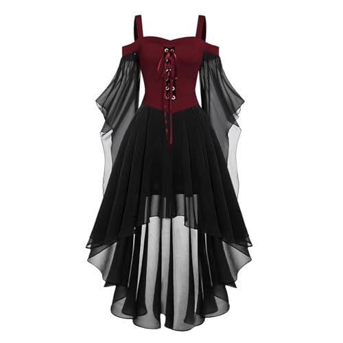 Halloween Kostüm Damen Gothic Kleid Kurz｜Mittelalter Gebundene Taille Hexenkostüm｜Vampir Renaissance Trompetenärmel Korsett｜Erwachsene Karneval Steampunk Barock｜Schwarz Plus Size​, Wein L von Beichwtd