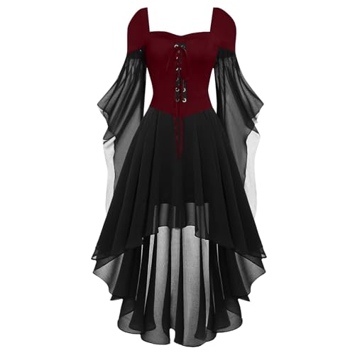 Halloween Kostüm Damen Gothic Kleid Kurz｜Mittelalter Gebundene Taille Hexenkostüm｜Vampir Renaissance Trompetenärmel Korsett｜Erwachsene Karneval Steampunk Barock｜Schwarz Plus Size​, Wein XL von Beichwtd