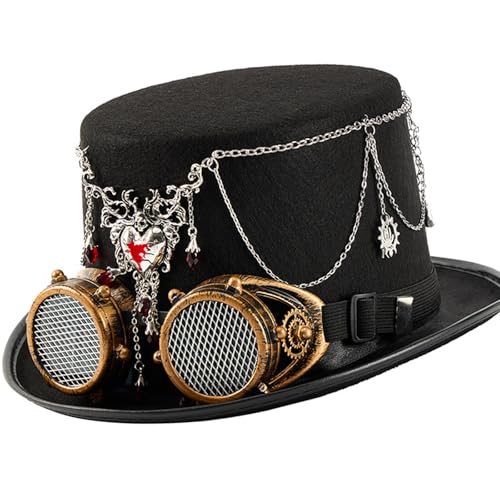 Beimus Punk-Zylinderhut mit Herz-Anhänger und abnehmbarer, verstellbarer Brille für Halloween-Kostümpartys, Bühnenauftritte, Steampunk-Zubehör mit funktionaler Brille von Beimus