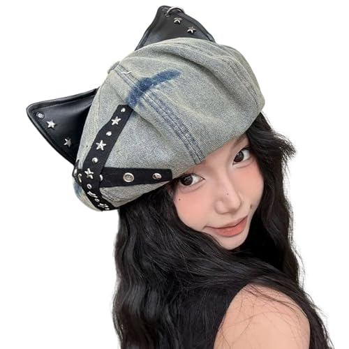 Beimus Retro-Katzenohr-Hut mit Nieten-Design, verstellbare Baumwollkappen für Damen und Herren, Unisex, Alltag, Party, Kostüm, Zubehör, verstellbare Baumwoll-Kopfbedeckung von Beimus