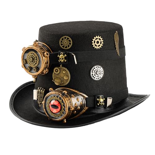 Beimus Vintage Zylinder mit dekorativer Zahnrad-Brille, Akzente, Unisex-Kostüm-Zubehör für Halloween, Festivals, Themenpartys, Gothic-Partys, Augenklappe, Partyhut von Beimus