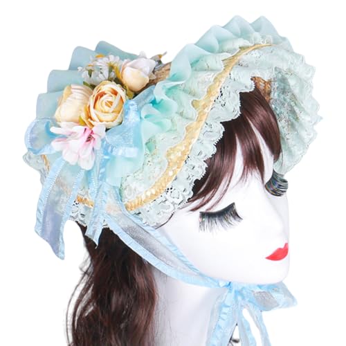 Viktorianischer Strohhut mit Spitze gerüschten Krempen und Rosenblüte für Damen, modisches Anime-Kostüm, Motorhaubenhut für besondere Anlässe, viktorianischer Stil von Beimus