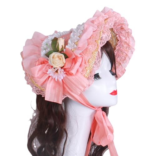 Viktorianischer Strohhut mit Spitze gerüschten Krempen und Rosenblüte für Damen, modisches Anime-Kostüm, Motorhaubenhut für besondere Anlässe, viktorianischer Stil Viktorianischer Strohhut mit Spitze gerüschten Krempen und Rosenblüte für Damen, modisches Anime-Kostüm, Motorhaubenhut für besondere Anlässe, viktorianischer Stil von Beimus