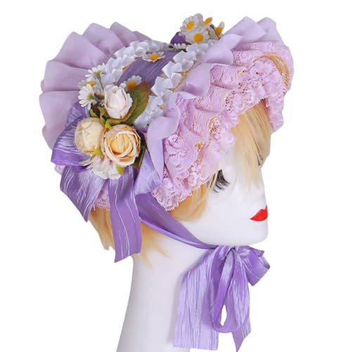 Viktorianischer Strohhut mit Spitze gerüschten Krempen und Rosenblüte für Damen, modisches Anime-Kostüm, Motorhaubenhut für besondere Anlässe, viktorianischer Stil Viktorianischer Strohhut mit Spitze gerüschten Krempen und Rosenblüte für Damen, modisches Anime-Kostüm, Motorhaubenhut für besondere Anlässe, viktorianischer Stil von Beimus