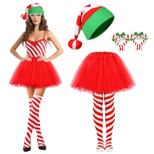 4 Stück Zuckerstangen Kostüm Weihnachten Damen, Weihnachtsmützen Weihnachtsbrillen Tüllrock Rot Weiß Gestreifte Kniestrümpfe, Candy Kostüm Weihnachts Kostüm Damen für Weihnachts Karneval Cospaly Party 4 Stück Zuckerstangen Kostüm Weihnachten Damen, Weihnachtsmützen Weihnachtsbrillen Tüllrock Rot Weiß Gestreifte Kniestrümpfe, Candy Kostüm Weihnachts Kostüm Damen für Weihnachts Karneval Cospaly Party von Beipegin