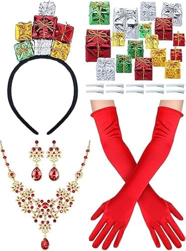 4-teiliges Weihnachts-Kostüm-Zubehör für Damen, bunt, Weihnachtsstirnband, Schmuck-Set, Halskette, Ohrringe, glänzende Handschuhe, lange rote Handschuhe, Zubehör für Weihnachten, Party, Cosplay von Beipegin