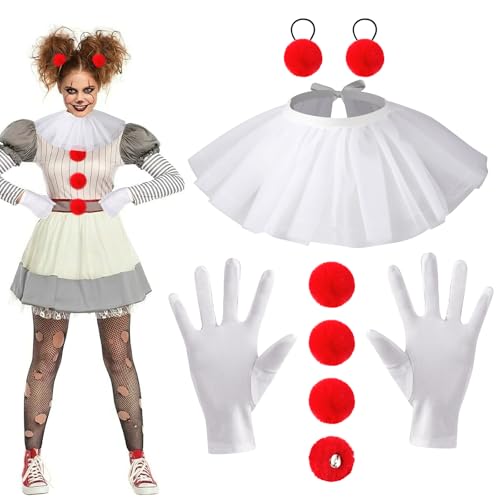 4PCS Clown Zubehör Damen Kinder, Clown Accessoires mit Clown Kragen Tüll Clown Handschuhe Rote Pompom Knöpfe Haargummi, Clown Kostüm Damen Horror Clown Kostüm Zubehör für Halloween Karneval Cosplay 4PCS Clown Zubehör Damen Kinder, Clown Accessoires mit Clown Kragen Tüll Clown Handschuhe Rote Pompom Knöpfe Haargummi, Clown Kostüm Damen Horror Clown Kostüm Zubehör für Halloween Karneval Cosplay von Beipegin