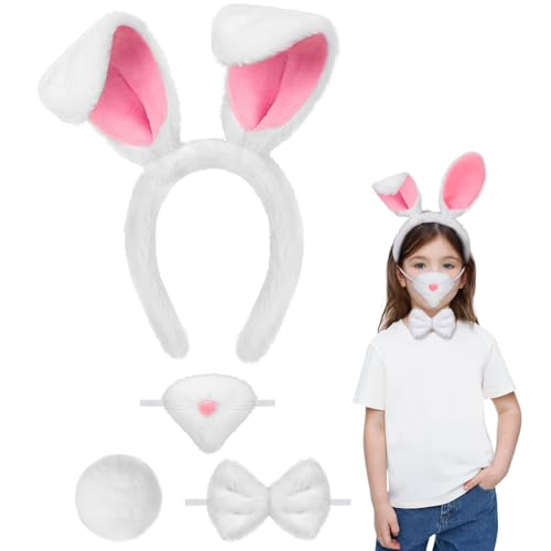 4PCS Hasenkostüm Zubehör, Hasenohren Haarreif Nase Fliege und Schwanz, Hasenohren Kostüm Tierkostüm Erwachsene Kinder für Halloween Karneval Cosplay Geburtstagsfeiern Maskeraden Welttag des Buches 4PCS Hasenkostüm Zubehör, Hasenohren Haarreif Nase Fliege und Schwanz, Hasenohren Kostüm Tierkostüm Erwachsene Kinder für Halloween Karneval Cosplay Geburtstagsfeiern Maskeraden Welttag des Buches von Beipegin