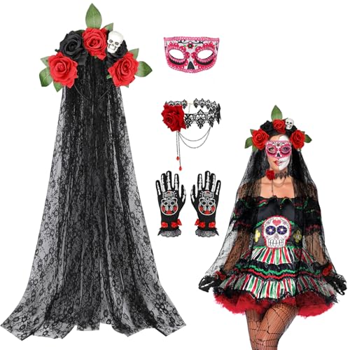 4STK Halloween Kostüm Damen, Dia de Los Muertos Haarreif Tag Der Toten Schleier Dia de Los Muertos Maske Gothic Halskette Skelett Handschuhe, Dia de Los Muertos Kostüm Damen für Fasching Maskerade 4STK Halloween Kostüm Damen, Dia de Los Muertos Haarreif Tag Der Toten Schleier Dia de Los Muertos Maske Gothic Halskette Skelett Handschuhe, Dia de Los Muertos Kostüm Damen für Fasching Maskerade von Beipegin
