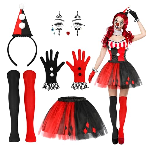 5 STK Halloween Clown Kostüm Damen - Hut, Haarreif, Strasssteine, Gesicht, Handschuhe, Strumpfhose, Tütü - Quinn Kostüm Zubehör für Karneval Cosplay Mottoparty von Beipegin