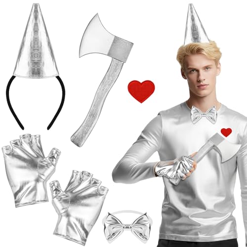 5 Stück Halloween-Kostüm-Zubehör für Erwachsene und Kinder, silberfarbene Kunststoff-Axt-Requisite, Trichter, Hut, Stirnband, Fliege, Handschuhe, Herz-Aufkleber, Tinman-Kostüm für Erwachsene, für von Beipegin
