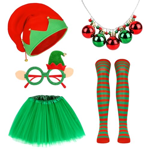 5 Stück Weihnachtselfen Kostüm Damen, Weihnachtself Mütze Weihnachtsbrillen Weihnachtskette Damen Tutu Rock Elfen Gestreifte Kniestrümpfe, Elfenkostüm Damen Weihnachts Kostüm für Weihnachts Karneval 5 Stück Weihnachtselfen Kostüm Damen, Weihnachtself Mütze Weihnachtsbrillen Weihnachtskette Damen Tutu Rock Elfen Gestreifte Kniestrümpfe, Elfenkostüm Damen Weihnachts Kostüm für Weihnachts Karneval von Beipegin