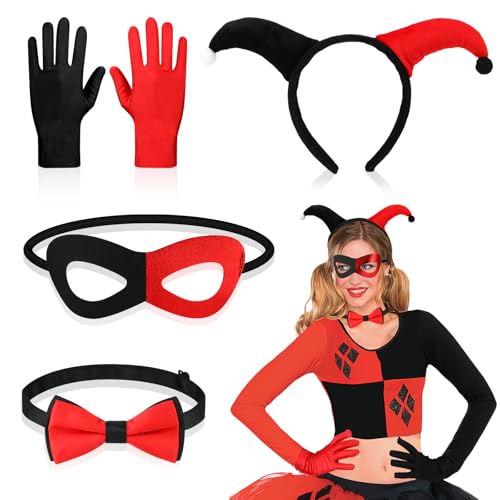 5PCS Halloween Clown Kostüm Damen Kinder, Zubehör Mit Schwarz-Rotes Haarreif, Maske, Fliege, Handschuhe, Accessoires für Quinn Kostüm, Halloween, Karneval, Cosplay von Beipegin