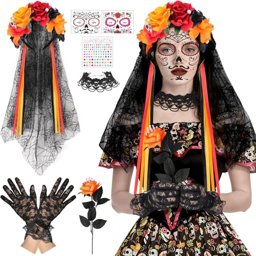 5PCS Halloween Kostüm Damen, Dia de Los Muertos Haarreif Schleier Gesichtstattoo Gothic Halskette Handschuhe Rosen,Tag der Toten Haarreif Dia de Los Muertos Kostüm Damen Accessoires Halloween Fasching 5PCS Halloween Kostüm Damen, Dia de Los Muertos Haarreif Schleier Gesichtstattoo Gothic Halskette Handschuhe Rosen,Tag der Toten Haarreif Dia de Los Muertos Kostüm Damen Accessoires Halloween Fasching von Beipegin
