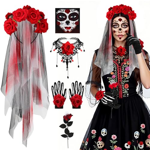 5PCS Halloween Kostüm Damen, Dia de Los Muertos Haarreif Schleier Gesichtstattoo Gothic Halskette Handschuhe Rosen,Tag der Toten Haarreif Dia de Los Muertos Kostüm Damen Accessoires Halloween Fasching 5PCS Halloween Kostüm Damen, Dia de Los Muertos Haarreif Schleier Gesichtstattoo Gothic Halskette Handschuhe Rosen,Tag der Toten Haarreif Dia de Los Muertos Kostüm Damen Accessoires Halloween Fasching von Beipegin