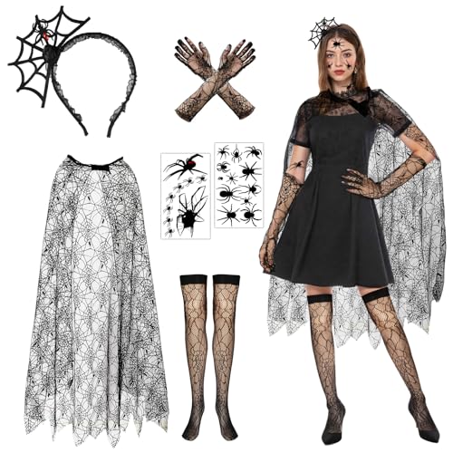 5PCS Halloween Spinnen Kostüm Damen, Spinnen Haarreif Spinnennetz Umhang Spitzenhandschuhe Tattoo Spinne Kniestrümpfe, Spinnenkostüm Zubehör Halloween Kostüm Damen Spinne für Party Cosplay Verkleidung von Beipegin