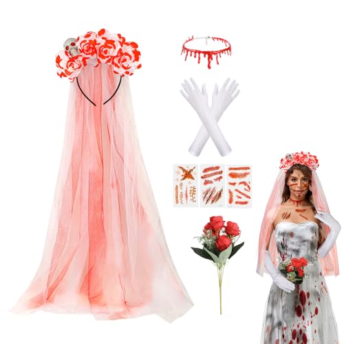 5STK Halloween Kostüm Damen Braut Zubehör, Dia de Los Muertos Haarreif Halloween Schleier mit Blut Narben Tattoos Blut Kette Handschuhe Rosenstrauß, Halloween Zubehör Zombie Horror Braut Kostüm Damen 5STK Halloween Kostüm Damen Braut Zubehör, Dia de Los Muertos Haarreif Halloween Schleier mit Blut Narben Tattoos Blut Kette Handschuhe Rosenstrauß, Halloween Zubehör Zombie Horror Braut Kostüm Damen von Beipegin