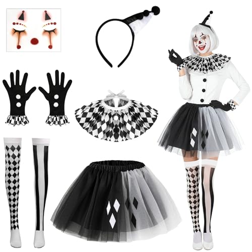 6 STK Halloween Clown Kostüm Damen, Pierrot Hut Haarreif Gesichtstattoo Halskrause Handschuhe Strumpfhose Tütü Rock, Harlekin Halloween Kostüm Damen Clown Accessoires für Karneval Cosplay Mottoparty von Beipegin