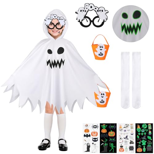 6 Stück Gespenster Kostüm Kinder, Geisterkostüm mit Geist Umhang Leuchttattoos Lustige Brille Kürbis Tasche Weiße Kniestrümpfe, Halloween Kostüm Kinder Gespenst für Karneval Halloween Party Cosplay 6 Stück Gespenster Kostüm Kinder, Geisterkostüm mit Geist Umhang Leuchttattoos Lustige Brille Kürbis Tasche Weiße Kniestrümpfe, Halloween Kostüm Kinder Gespenst für Karneval Halloween Party Cosplay von Beipegin