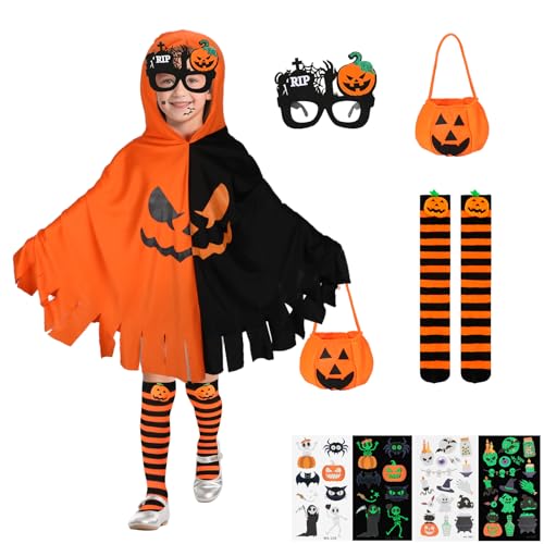 6 Stück Kürbis Kostüm Kinder, Kürbiskostüm mit Hexe Umhang Leuchttattoos Lustige Brille Kürbistasche Kniestrümpfe Gestreift, Halloween Kostüm Kinder Kürbis für Karneval Halloween Party Cosplay 6 Stück Kürbis Kostüm Kinder, Kürbiskostüm mit Hexe Umhang Leuchttattoos Lustige Brille Kürbistasche Kniestrümpfe Gestreift, Halloween Kostüm Kinder Kürbis für Karneval Halloween Party Cosplay von Beipegin
