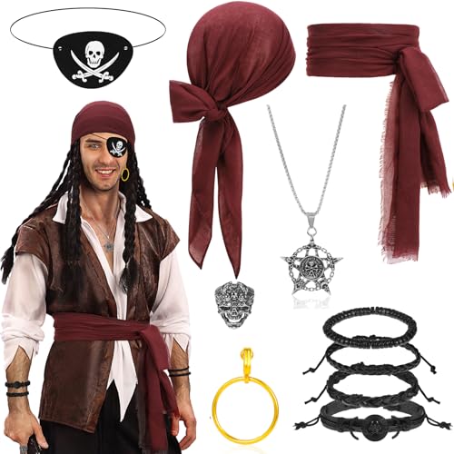 Beipegin 10 Stück Kostüm Set - Piraten Kopftuch, Bandana, Augenklappe, Schmuck und Accessoires für Herren, Damen, Erwachsene - Karneval, Halloween, Cosplay von Beipegin