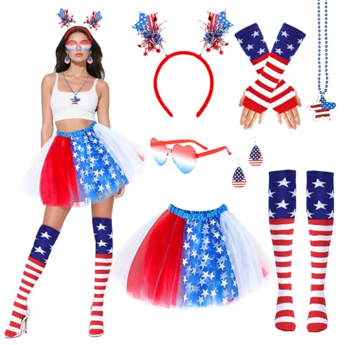 Beipegin 7-teiliges Outfit für Damen, weißes und blaues Tutu mit USA-Sonnenbrille, Stirnband, patriotisches Kostüm für Unabhängigkeitstag, rot / weiß / blau, Einheitsgröße Beipegin 7-teiliges Outfit für Damen, weißes und blaues Tutu mit USA-Sonnenbrille, Stirnband, patriotisches Kostüm für Unabhängigkeitstag, rot / weiß / blau, Einheitsgröße von Beipegin