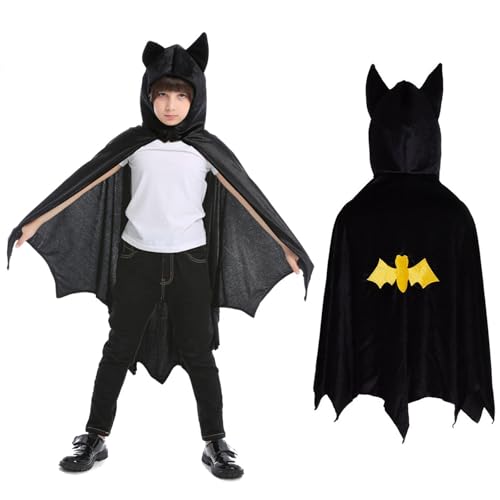 Beipegin Fledermaus Umhang Kinder,Schwarzer Umhang mit Kapuze, Halloween Kostüm Kinder Fledermaus Umhang Kinder von Beipegin