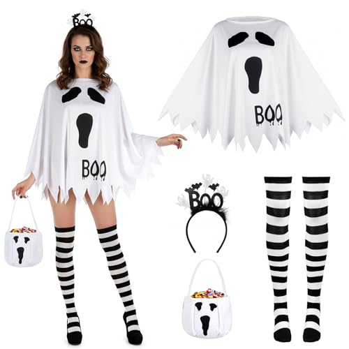 Beipegin Geisterkostüm für Damen, Geister-Halloween-Kostüm mit Poncho-Stirnband, Süßigkeitenbeutel und schwarz-weiß gestreiften Socken von Beipegin