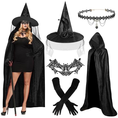 Beipegin Hexenkostüm Damen Schwarzer Umhang mit Kapuze Hexenhut Spitzenmaske Halskette Handschuhe Halloween Kostüm Damen Hexe Vampir Erwachsener Cosplay Party Beipegin Hexenkostüm Damen Schwarzer Umhang mit Kapuze Hexenhut Spitzenmaske Halskette Handschuhe Halloween Kostüm Damen Hexe Vampir Erwachsener Cosplay Party von Beipegin