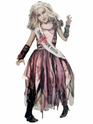 Beipegin Horror Braut Prom Queen Halloween Kostüm Kinder Mädchen Zombie Kostüm Kleid Schärpe Krone Handschuhe Geisterbraut für Halloween Tag Der Toten von Beipegin