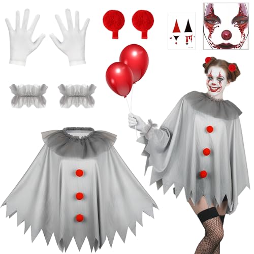 Beipegin Horror Clown Kostüm Damen Kinder,Poncho Clown Kragen Handschuhe Roter Luftballon Terrifier Joker Kostüm für Halloween Karneval Cosplay von Beipegin
