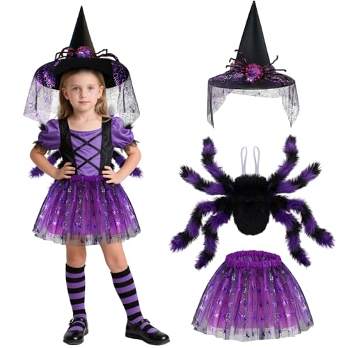 Beipegin Kostüm Spinne Kinder Mädchen,Tüllrock Plüsch Spinnenrucksack Hexenhut Spinnenkostüm Halloween Karneval Verkleidung Kinder von Beipegin