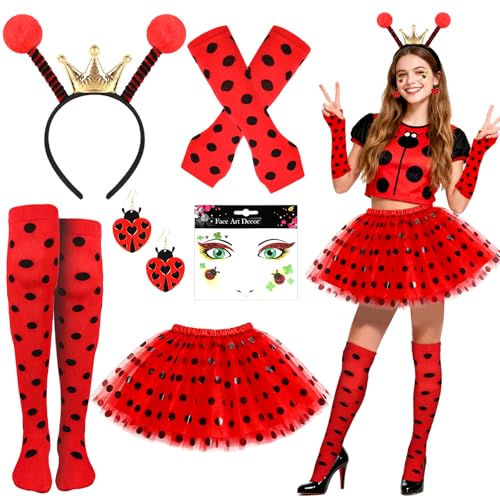 Beipegin Marienkäfer-Kostüm für Damen mit rotem und schwarzem Tutu, Marienkäfer-Stirnband, Ohrringe, Socken, Handschuhe für Halloween, Party, Tier, Cosplay, 6 Stück Beipegin Marienkäfer-Kostüm für Damen mit rotem und schwarzem Tutu, Marienkäfer-Stirnband, Ohrringe, Socken, Handschuhe für Halloween, Party, Tier, Cosplay, 6 Stück von Beipegin