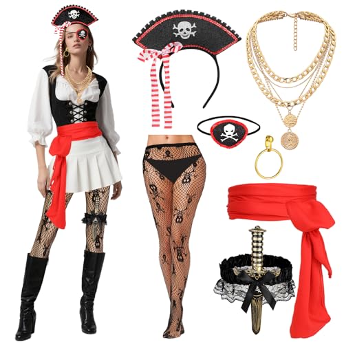 Beipegin Piratenzubehör für Damen, Augenklappen, Korsett, Halskette, Ohrringe, Schwert mit Strumpfband, Piratenkostüm für Karneval, Halloween, Cosplay, Party, 7 Stück von Beipegin