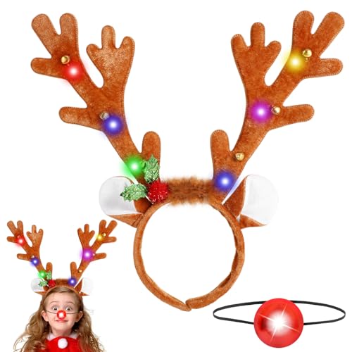 Beipegin LED Rentier Haarreif Mit Roter Nase Und Leuchtendem Geweih - Weihnachts Accessoires Und Haarschmuck für Kostüme - Erwachsene Und Kinder von Beipegin